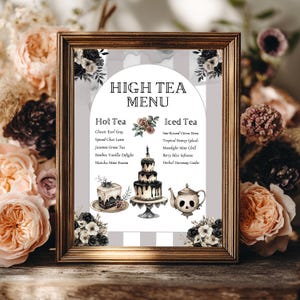 Graue Streifen viktorianisches High Tea Menü, sofortiger Download, unheimliche Gothic Dekor für gruselige Halloween-Events, digital druckbare Canva Vorlage