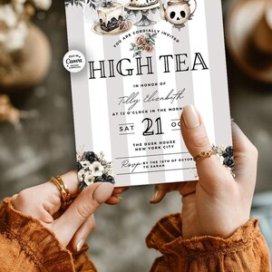 Printable vintage tea invitation in beige and black Gothic style