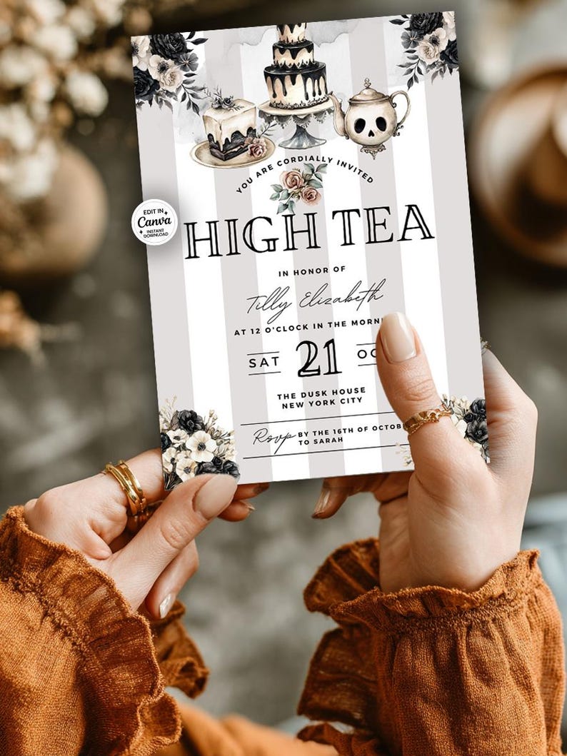 Printable vintage tea invitation in beige and black Gothic style