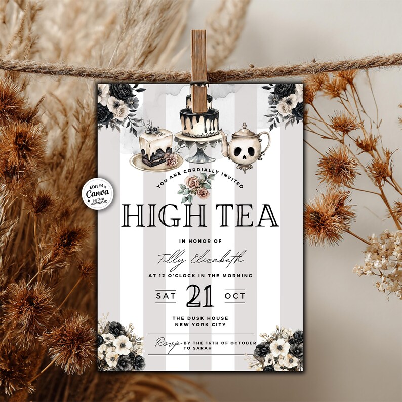 May include: High Tea invitation card with a gray and white striped background. The card features illustrations of cakes, a teapot, and floral accents. Text includes "High Tea" and event details, held in honor of Tilly Elizabeth.