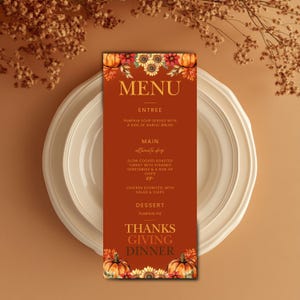 Edytowalne menu na Święto Dziękczynienia, Wydrukuj szablon menu na Święto Dziękczynienia, Karta menu na ucztę na Święto Dziękczynienia, Jesienny projekt cyfrowego menu botanicznego