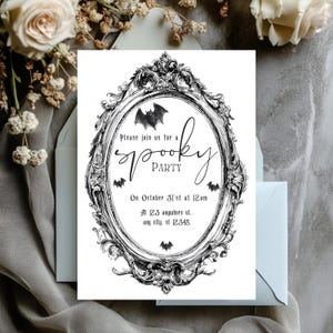 Convite de Halloween com Moldura Vintage Preta Editável | Download Digital | Modelo de Convite para Festa Assustadora para Imprimir, Moldura Oval de Filigrana e Morcegos