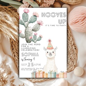 Modelo de convite de aniversário de lhama editável - Download digital - Convite para impressão - Tema de animais fofos - Festa boho divertida para crianças com alpaca - Canva