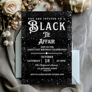 Black Tie Affair 21. Geburtstagseinladung - Sofortiger Download - Bearbeitbare Elegante einladen druckbare, formale schwarze Pailletten-Glitter-Party-Vorlage