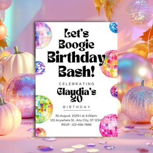 Modello di invito per festa di compleanno retrò modificabile per i 20 anni / Download digitale / Festa con palla da discoteca per ragazze dei decenni, decorazioni al neon, stampabile per dispositivi mobili alla moda