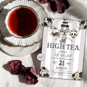 Editable Canva Halloween invite featuring moody dark florals and vintage tea elements