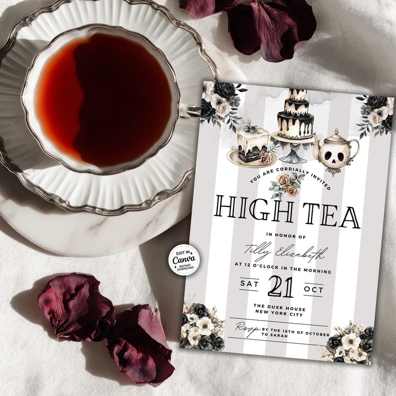 Editable Canva Halloween invite featuring moody dark florals and vintage tea elements