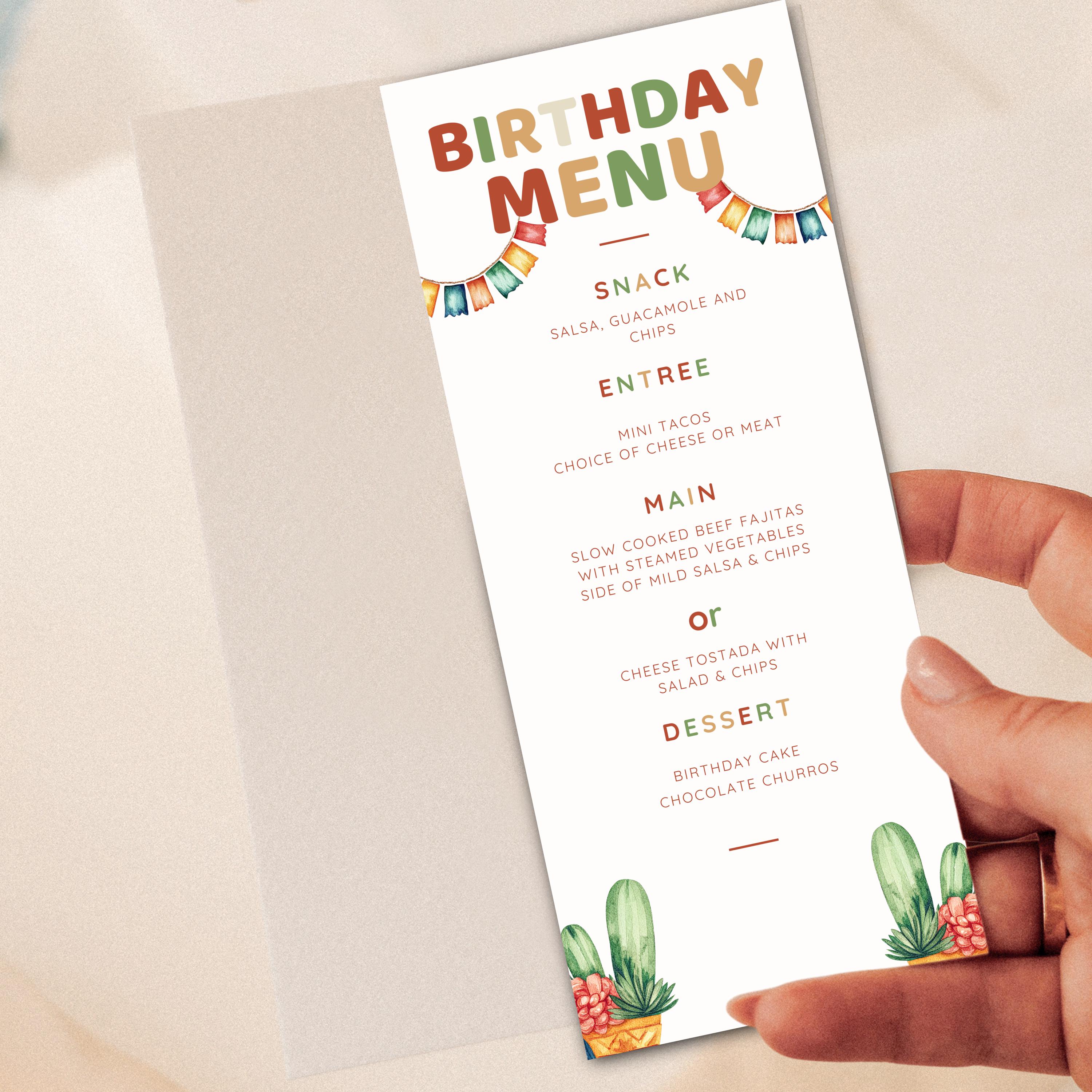 Cute Boho Birthday Menu Template - Instant Download - Editable 4x9 Menu ...