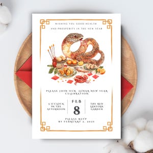 Invitación de Año Nuevo Lunar / DESCARGA DIGITAL / Zodíaco del Año Nuevo Chino, Año de la Serpiente 2025, Plantilla de tarjeta festiva imprimible