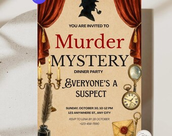 Vintage Murder Mystery Party Invitation Template, Clue Night Game Invite, Detective Theme Dinner Party, Editable Instant Download Printable