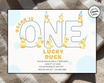 Jongen eend verjaardagsuitnodiging, één Lucky Duck 1e verjaardagsuitnodiging, aquarel eendje partijsjabloon, gele en blauwe eenden (digitale download)