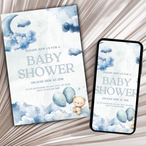 Modello di invito per baby shower per bambino / Download digitale / Invito modificabile per la festa di rivelazione del sesso, festa con cielo azzurro e luna, orso sulla nuvola 9