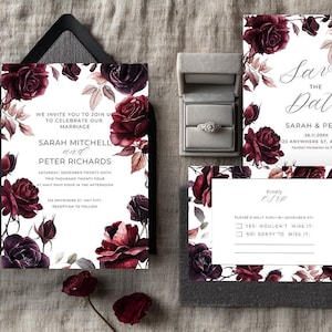Paquete de boda con rosas góticas románticas, descarga instantánea, borde floral burdeos, fuente de escritura de lujo, plantilla para guardar la fecha y confirmar asistencia.