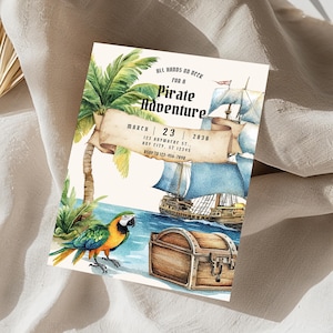 Invitación para fiesta de aventuras piratas, acuarela, loro y barco pirata en el mar, invitación temática pirata, plantilla digital editable e imprimible.