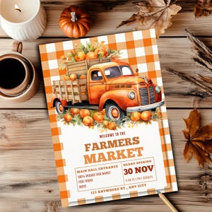 Bewerkbare afdruksjabloon boerenmarkt, herfst aquarel vintage Peach Truck Card, afdrukbare oranje en beige geruite uitnodiging, digitale download