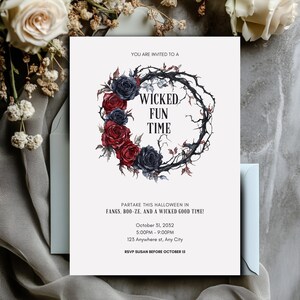 Gotische krans uitnodiging voor Halloween-feest, direct downloaden, bewerkbare afdrukbare sjabloon Creepy Roses & Thorns, Wicked Fun Invite