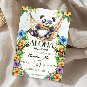 Hula op tropische verjaardagsuitnodiging, instant download, Hawaiian Aloha uitnodigingssjabloon, Chill Panda Luau, bewerkbare Tiki-thema afdrukbare