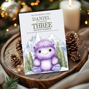 Plantilla de invitación editable para tercer cumpleaños de Baby Yeti, invitación de cumpleaños de Winter Wonderland, tarjeta de fiesta imprimible de Snow Yeti, descarga digital