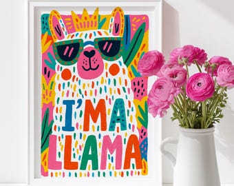 Kleurrijke lama muurprint, kinderkamerposter, leuke dierenkunstprint, decor kinderkamer, Fiesta afdrukbare, digitale download