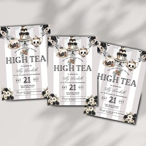 May include: Three invitations for a high tea event. The design features a tiered cake, teacups, and floral arrangements. The text reads "High Tea" and includes event details like the date, time, and location. The color scheme is black, white, and gray.