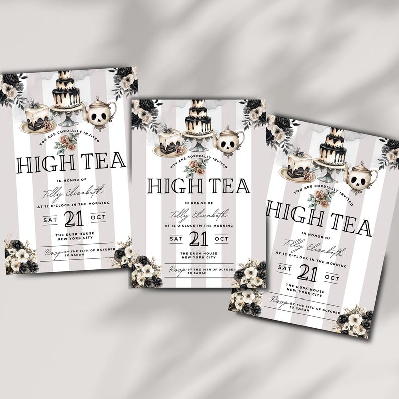 May include: Three invitations for a high tea event. The design features a tiered cake, teacups, and floral arrangements. The text reads "High Tea" and includes event details like the date, time, and location. The color scheme is black, white, and gray.