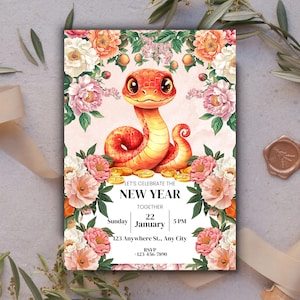 Invitación linda de serpiente para el Año Nuevo chino/Descarga instantánea/Plantilla imprimible para fiesta navideña, invitación móvil editable, borde floral de Evite