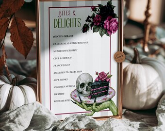 Halloween-menusjabloon, Gothic Tea Party-menu, Spooky Brunch-menu, Witch Party Food-menu, bewerkbaar Halloween-menubord
