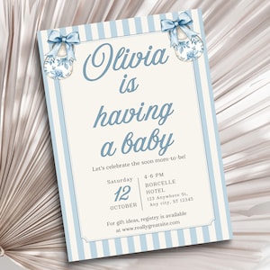Invitación editable para baby shower con chinoiserie azul de Delft, plantilla de tarjeta de porcelana floral, peonía china francesa Toile, rayas, impresión digital