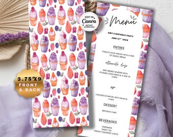 Cupcakes en bessen verjaardagsmenusjabloon, cafémenu, bessenzoet thema, voedselmenu voor feest | Bewerkbare 3,75 x 9 pastelkleurige menukaarten