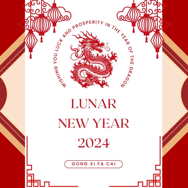 Gong Xi Fa Cai |DIGITAL DOWNLOAD| Printable Design| Chinese Traditional New Year Red on White Card, Year Of The Dragon