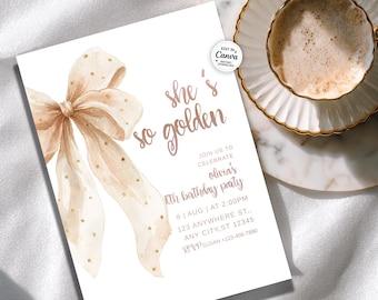 Rose gouden verjaardagsuitnodiging, She's So Golden verjaardagsuitnodiging sjabloon, meisjesstrik, tween feestdecor, 10e verjaardag meisjes | Bewerken in canvas