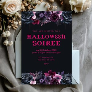 Invitación editable para fiesta de Halloween con flores góticas, elegante diseño floral para reuniones espeluznantes, diseño digital, plantilla imprimible.
