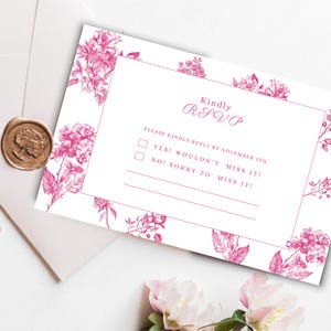 Tarjeta de respuesta a la boda con motivo chinoiserie rosa, plantilla con borde de porcelana con flores rosas, peonía china francesa Toile, descarga digital editable e imprimible