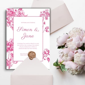 Invitación de boda con chinoiserie rosa editable, plantilla de invitación de porcelana con flores rosas, peonía china francesa Toile imprimible digitalmente para descargar