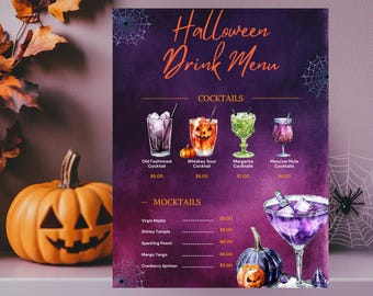 Colorful Halloween Drinks Menu, Booze & Boos Cocktails Sign, Orange Purple Spooky Halloween Party Decor Template, Editable October Bar Menu