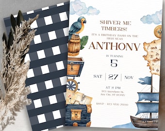 May include: A pirate-themed birthday invitation card featuring a parrot on a barrel, treasure chests, a ship, and a map. The text reads: SHIVER ME TIMBERS! IT'S A BIRTHDAY BASH ON THE HIGH SEAS ANTHONY IS TURNING 5 SAT 27 NOV AT 2 PM.