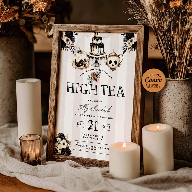 Gothic Victorian invitation template with beige stripes and watercolor skull artwork