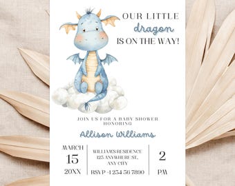 A Little Dragon Is On The Way Baby Shower Invite, Cute Blue Watercolor Dragon on Cloud, Baby Boy, Fairytale Theme, Editable Instant Download