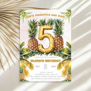 Ananas 5e verjaardagsuitnodiging, direct downloaden, sjabloon tropische zomerfeest, bewerkbaar elk leeftijd meisje ananas thema afdrukbare uitnodiging