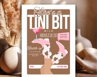 Western verjaardagsuitnodiging, uitnodiging She's a Tini Bit Wild, cowgirl vrijgezellenfeest uitnodiging, roze rodeofeest, bewerkbare canva-sjabloon