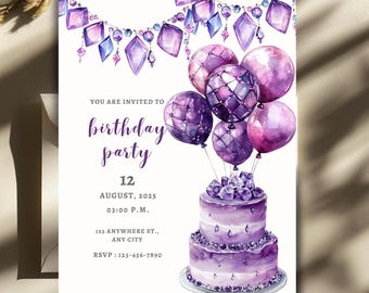 Plantilla de invitación de cumpleaños con joyas moradas – Pastel de fiesta con piedras preciosas / Invitación de fiesta con joyas