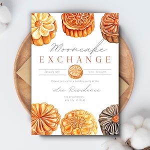 Plantilla de invitación para intercambio de pasteles de luna/Descarga digital/Tarjeta festiva de Año Nuevo chino editable e imprimible con dulces y golosinas orientales en acuarela
