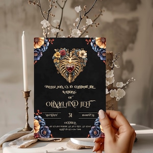 Plantilla de invitación de boda con corazón de esqueleto, descarga instantánea, imprimible gótico y romántico de Halloween, invitación floral con diseño de caja torácica para novios.