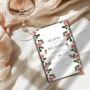 Vintage Blush Roses bruiloft uitnodiging sjabloon - digitale download - bewerkbare afdrukbare bloemen rand uitnodigen - elegante 5 x 7 kaart - Canva
