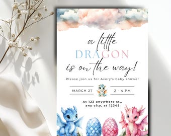 Editable Dragon Baby Shower Invitation, Pink & Blue Theme (Instant Download)