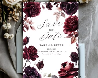 Moody Dark Rose Border Save The Date Invitation - Instant Download - Bridal Goth Wedding Decor - Luxurious Cursive Printable Template