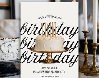 Stijlvolle verjaardagsuitnodiging, minimalistische taartuitnodiging ontwerp, chique feest voor volwassenen, bewerken op canvas, moderne esthetische verjaardagsuitnodiging + video