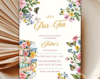 Bewerkbare Tea Party verjaardagsuitnodiging, uitnodiging voor par-tea, meisje par-tea uitnodigen, pastel bloem uitnodigen, grillige Tea Party