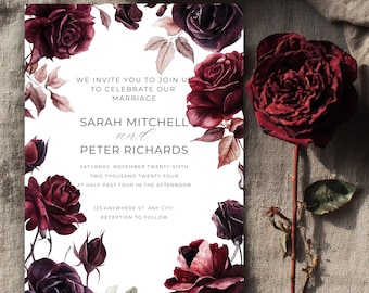Editable Gothic Roses Wedding Invitation, Moody Border, Cursive, Instant Download, Digital Wedding Design, Luxurious Goth Template Printable