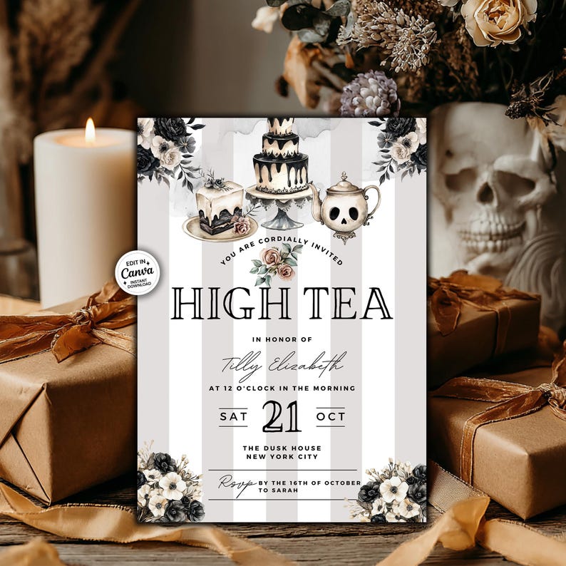 High Tea party invitation with elegant gothic theme